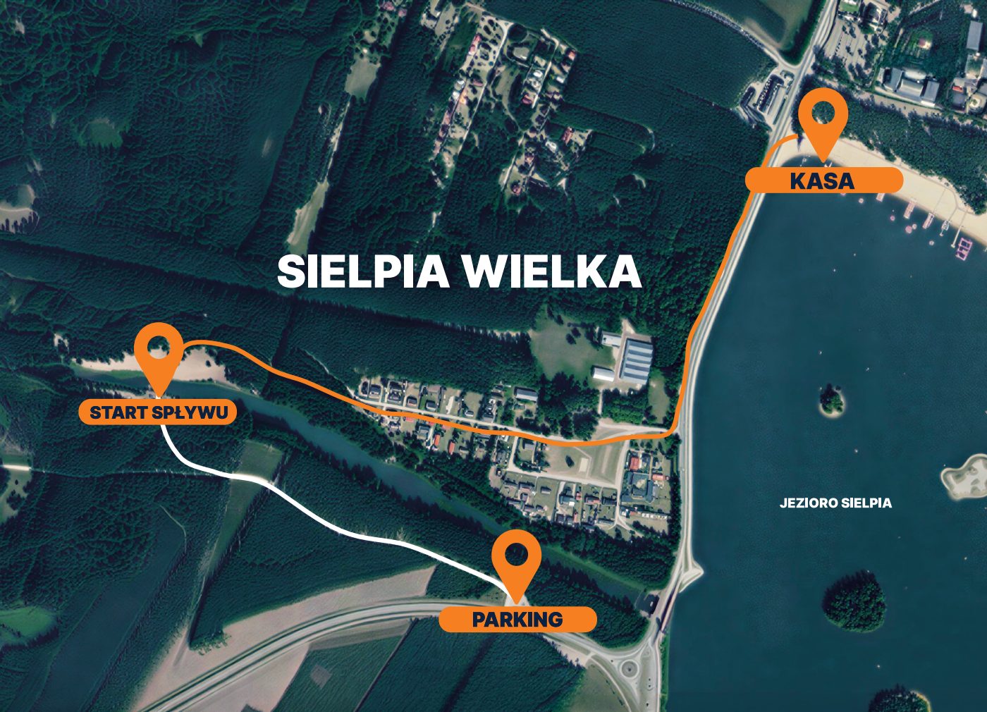 Mapka dojazdu w Sielpi Wielkiej z zaznaczoną kasą, parkingiem i miejscem startu spływu